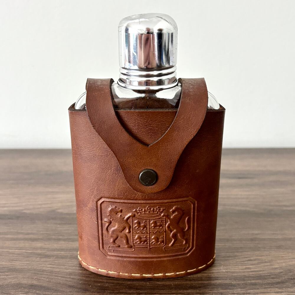Vintage Irvinware Glass Flask with Brown Leather Case - MADE IN USA ASTORIA NY